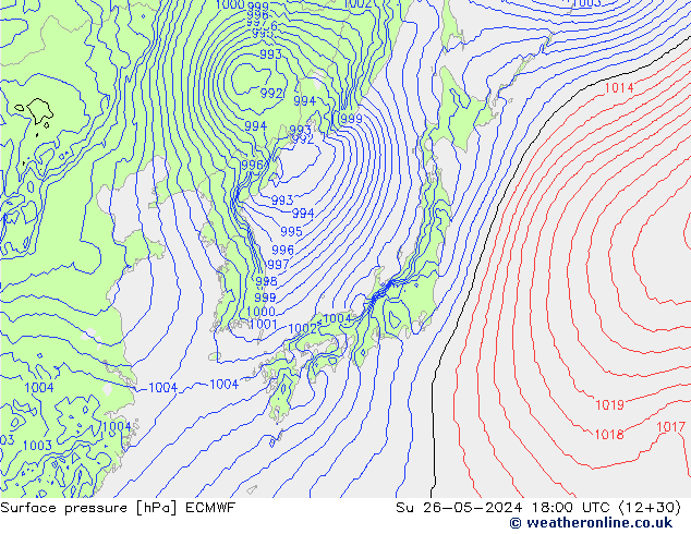 Atmosférický tlak ECMWF Ne 26.05.2024 18 UTC