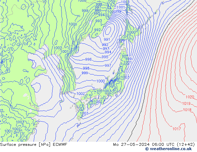 Presión superficial ECMWF lun 27.05.2024 06 UTC