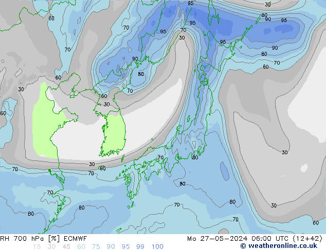 Humidité rel. 700 hPa ECMWF lun 27.05.2024 06 UTC