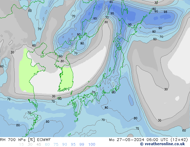 Humedad rel. 700hPa ECMWF lun 27.05.2024 06 UTC