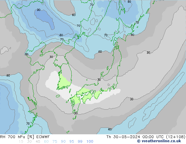 RH 700 гПа ECMWF чт 30.05.2024 00 UTC