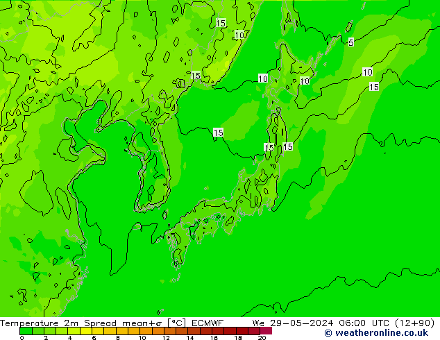 Temperatura 2m Spread ECMWF mer 29.05.2024 06 UTC