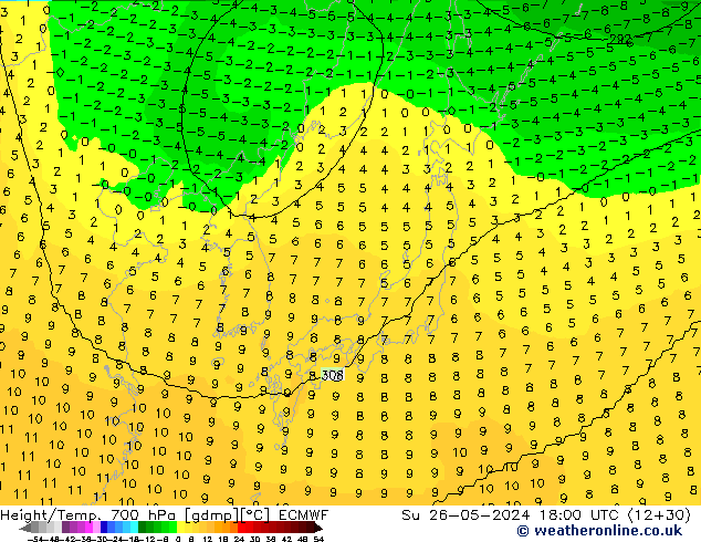 Height/Temp. 700 hPa ECMWF Su 26.05.2024 18 UTC