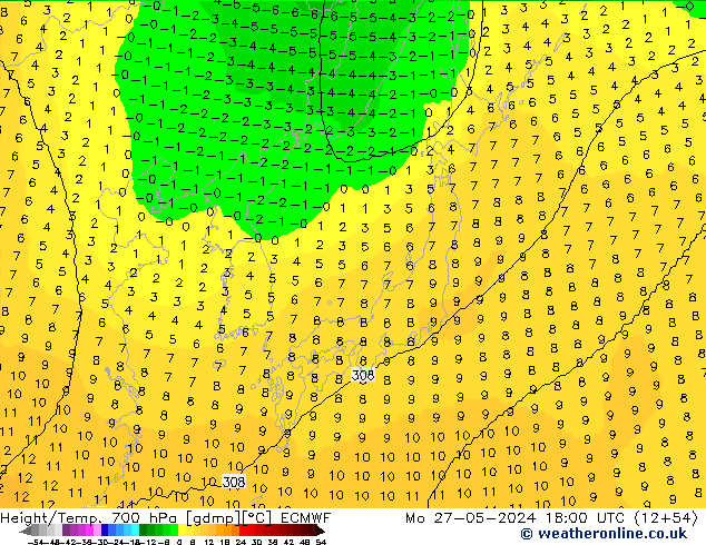 Height/Temp. 700 hPa ECMWF Mo 27.05.2024 18 UTC