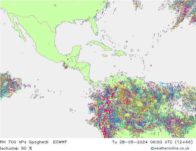 RH 700 hPa Spaghetti ECMWF Tu 28.05.2024 06 UTC