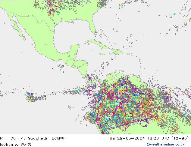 RH 700 hPa Spaghetti ECMWF St 29.05.2024 12 UTC