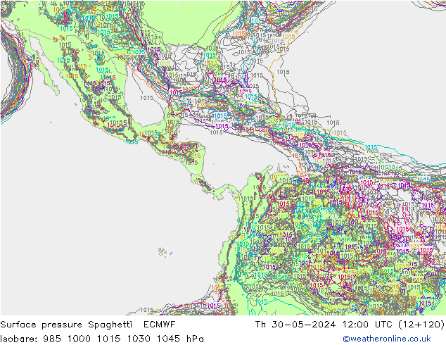 Surface pressure Spaghetti ECMWF Th 30.05.2024 12 UTC