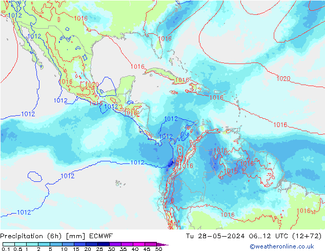 Totale neerslag (6h) ECMWF di 28.05.2024 12 UTC