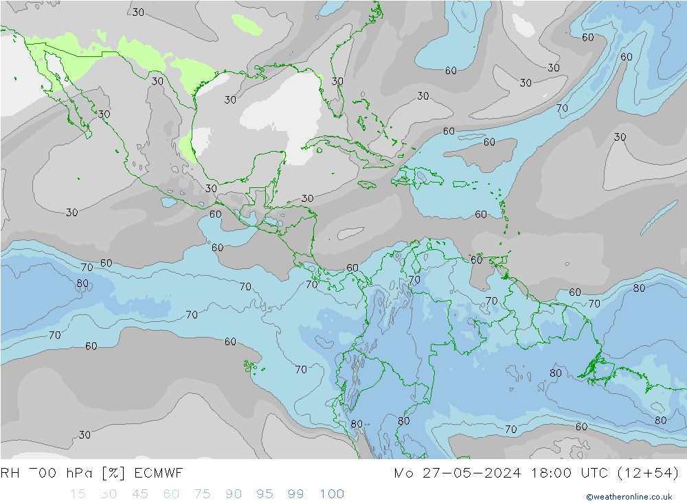 Humedad rel. 700hPa ECMWF lun 27.05.2024 18 UTC