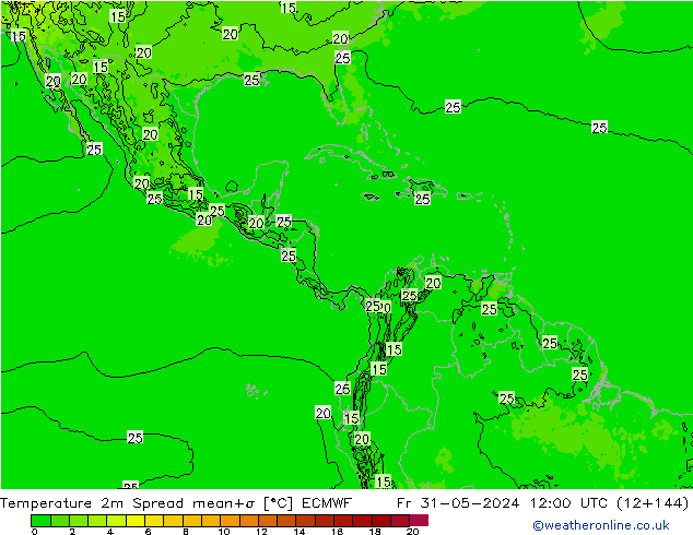 mapa temperatury 2m Spread ECMWF pt. 31.05.2024 12 UTC