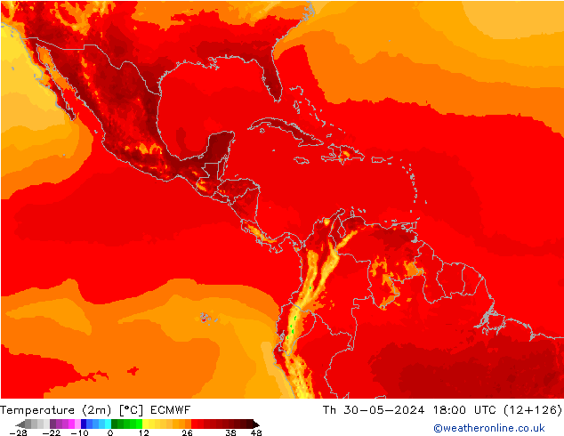 Temperatura (2m) ECMWF Qui 30.05.2024 18 UTC