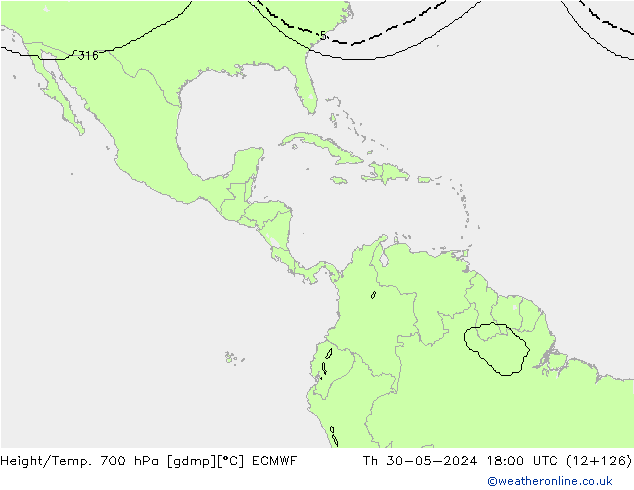 Geop./Temp. 700 hPa ECMWF jue 30.05.2024 18 UTC