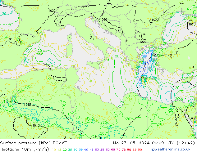 Isotachs (kph) ECMWF Mo 27.05.2024 06 UTC