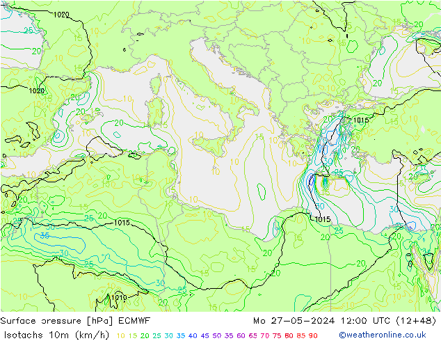 Isotachs (kph) ECMWF Po 27.05.2024 12 UTC