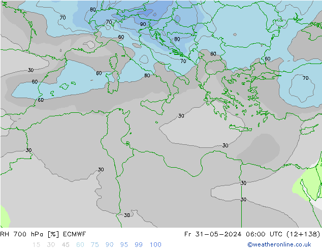 RH 700 hPa ECMWF Pá 31.05.2024 06 UTC