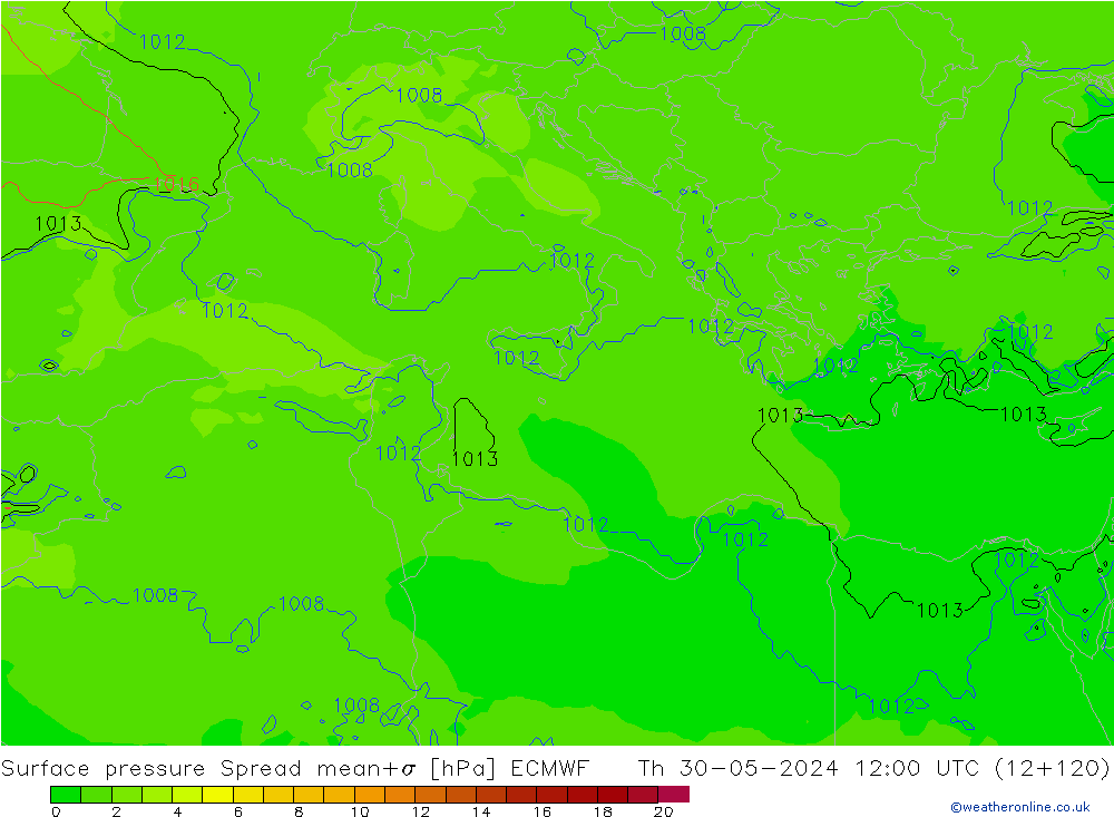Surface pressure Spread ECMWF Th 30.05.2024 12 UTC