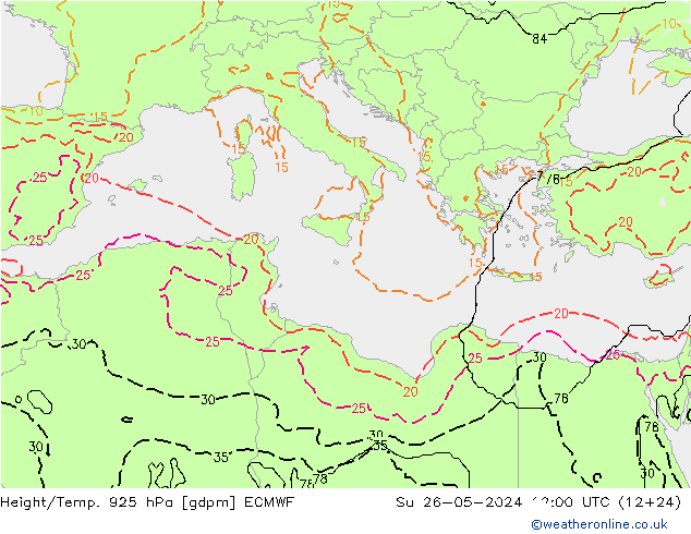 Yükseklik/Sıc. 925 hPa ECMWF Paz 26.05.2024 12 UTC