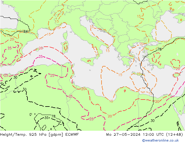 Geop./Temp. 925 hPa ECMWF lun 27.05.2024 12 UTC