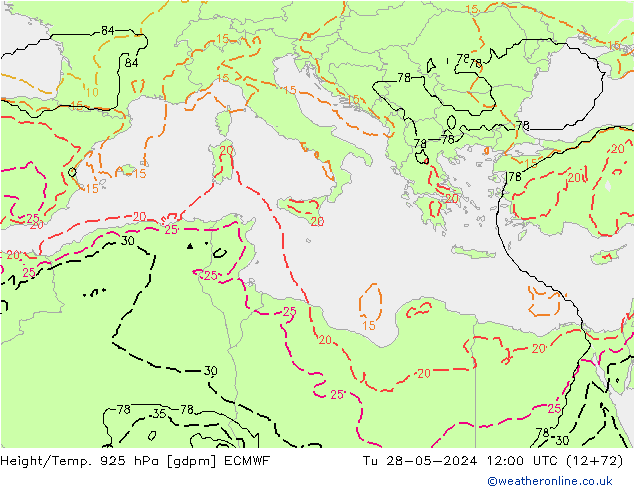 Height/Temp. 925 hPa ECMWF Ter 28.05.2024 12 UTC