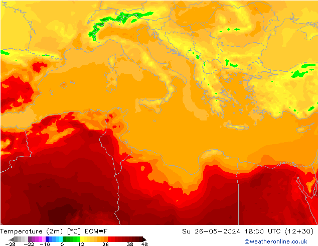 Temperatuurkaart (2m) ECMWF zo 26.05.2024 18 UTC