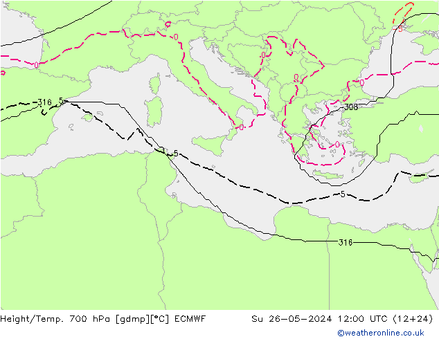 Height/Temp. 700 гПа ECMWF Вс 26.05.2024 12 UTC