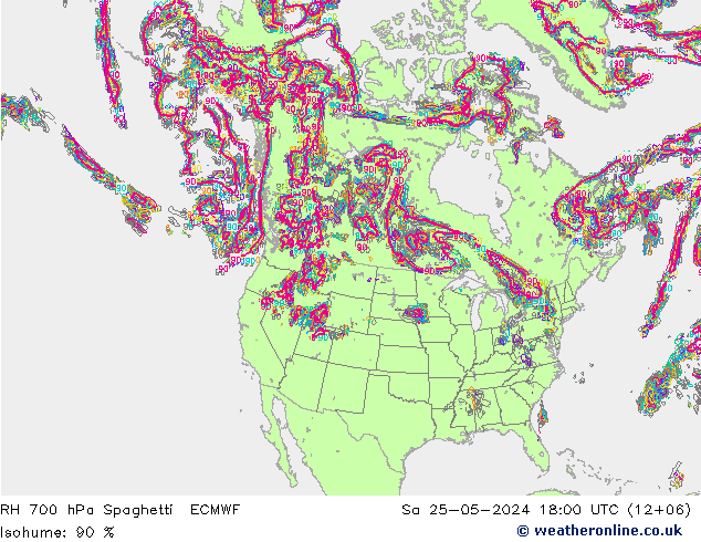 RH 700 hPa Spaghetti ECMWF Sa 25.05.2024 18 UTC