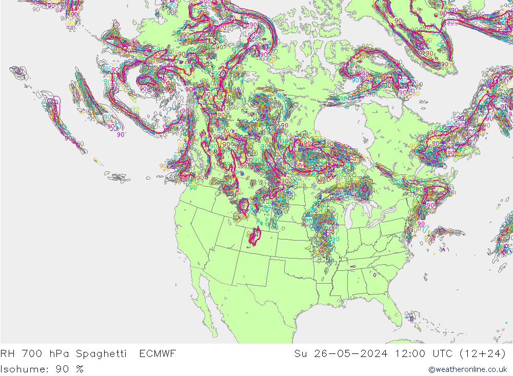 RH 700 hPa Spaghetti ECMWF dom 26.05.2024 12 UTC