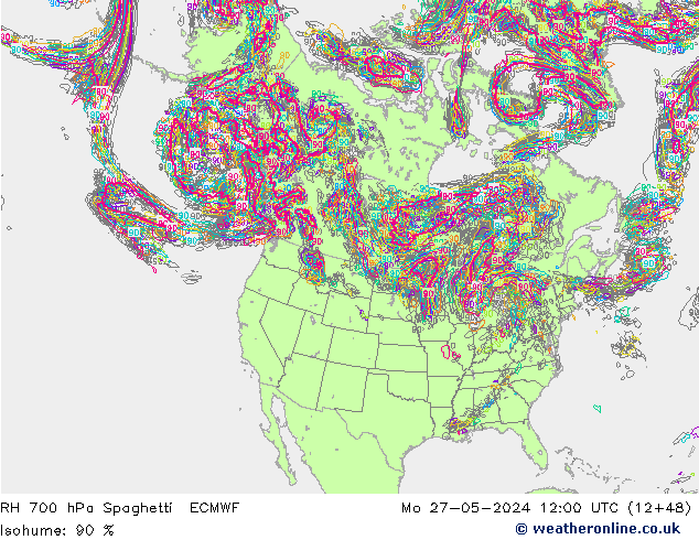 RH 700 hPa Spaghetti ECMWF Mo 27.05.2024 12 UTC