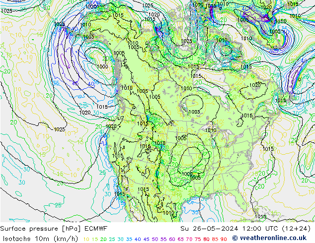 Isotachen (km/h) ECMWF zo 26.05.2024 12 UTC