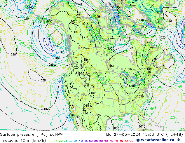 Isotachen (km/h) ECMWF Mo 27.05.2024 12 UTC