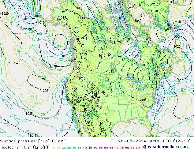 Isotachen (km/h) ECMWF Di 28.05.2024 00 UTC