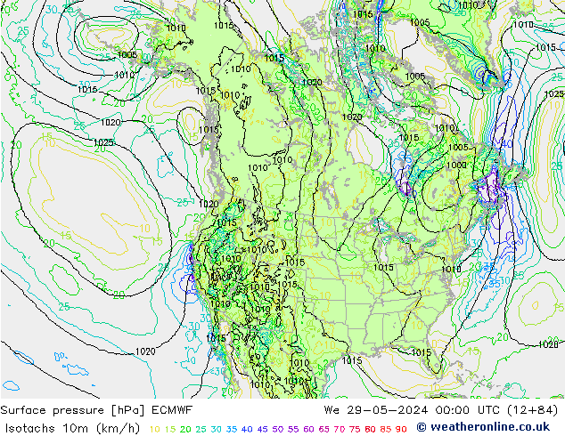 Eşrüzgar Hızları (km/sa) ECMWF Çar 29.05.2024 00 UTC