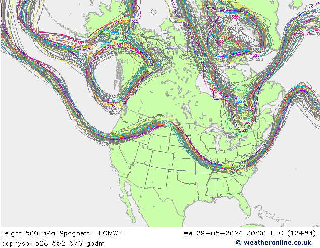 Hoogte 500 hPa Spaghetti ECMWF wo 29.05.2024 00 UTC