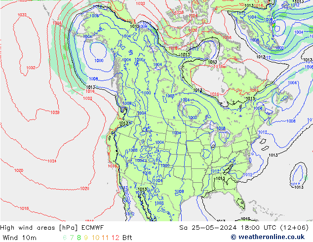 High wind areas ECMWF 星期六 25.05.2024 18 UTC