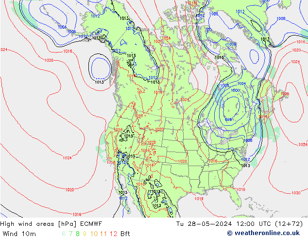 High wind areas ECMWF Út 28.05.2024 12 UTC