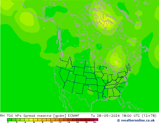 700 hPa Nispi Nem Spread ECMWF Sa 28.05.2024 18 UTC