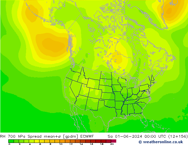 RH 700 hPa Spread ECMWF sab 01.06.2024 00 UTC