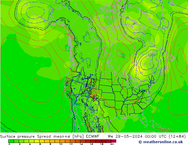 Surface pressure Spread ECMWF We 29.05.2024 00 UTC