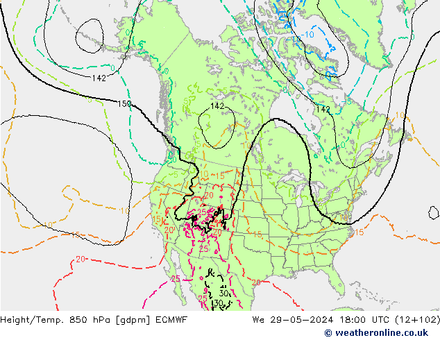 Geop./Temp. 850 hPa ECMWF mié 29.05.2024 18 UTC