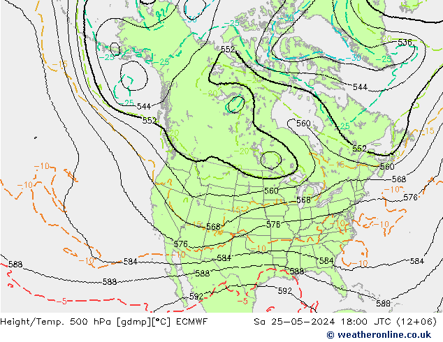 Hoogte/Temp. 500 hPa ECMWF za 25.05.2024 18 UTC