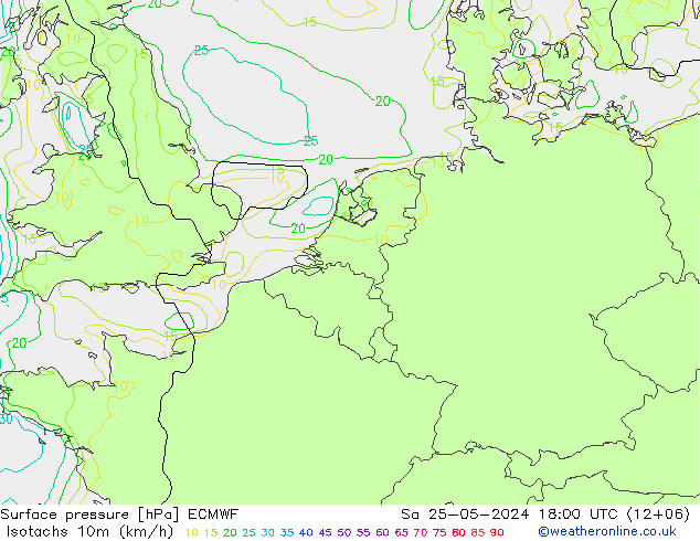 Isotachen (km/h) ECMWF Sa 25.05.2024 18 UTC