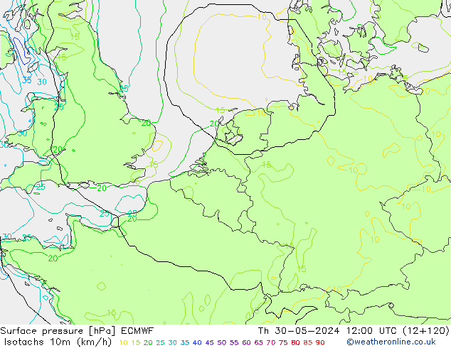 Isotaca (kph) ECMWF jue 30.05.2024 12 UTC