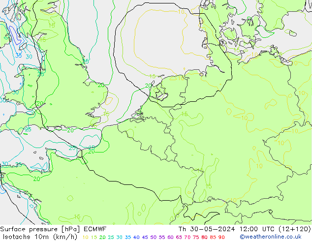 Isotachs (kph) ECMWF Th 30.05.2024 12 UTC