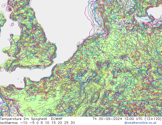 Temperatura 2m Spaghetti ECMWF jue 30.05.2024 12 UTC