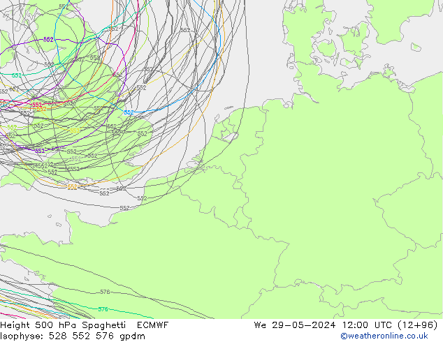 Height 500 гПа Spaghetti ECMWF ср 29.05.2024 12 UTC