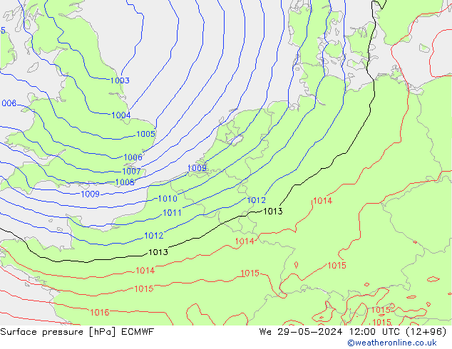 Presión superficial ECMWF mié 29.05.2024 12 UTC