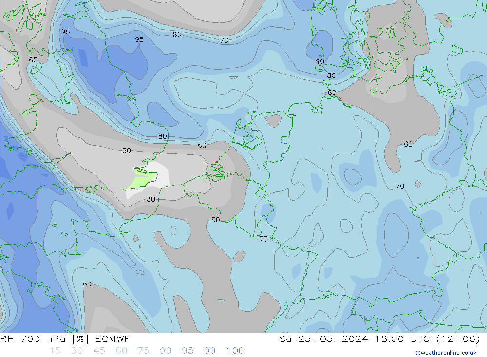 Humidité rel. 700 hPa ECMWF sam 25.05.2024 18 UTC