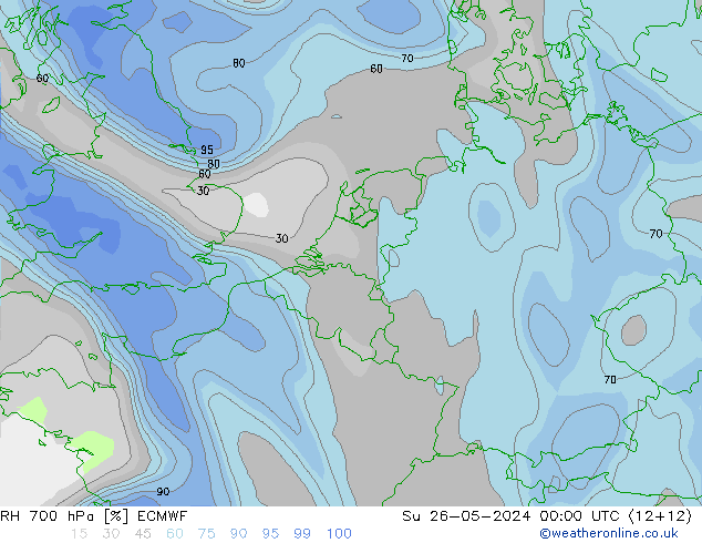 RH 700 hPa ECMWF nie. 26.05.2024 00 UTC