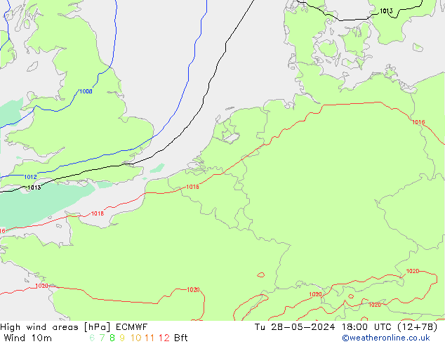 High wind areas ECMWF Út 28.05.2024 18 UTC