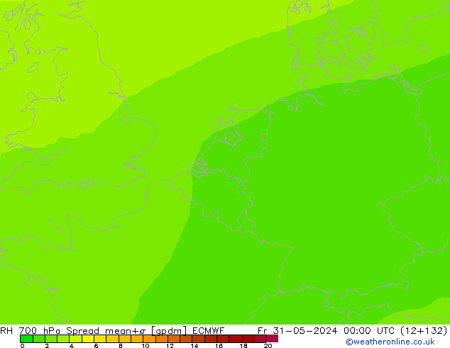 Humedad rel. 700hPa Spread ECMWF vie 31.05.2024 00 UTC